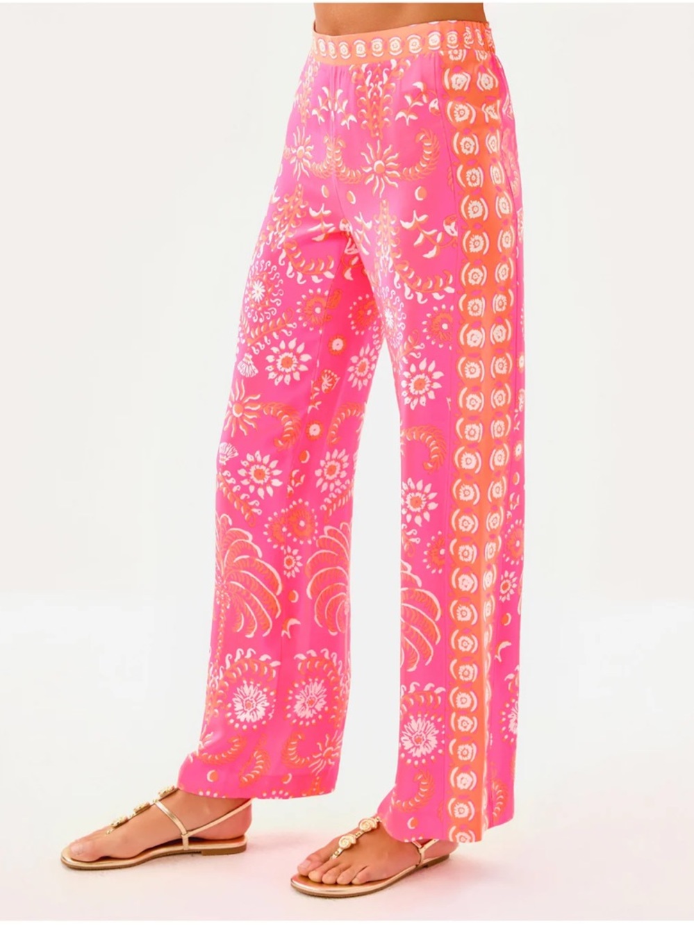 EUC Lilly Pulitzer 32" Vianna Silk Palazzo Pant Sunkissed Pink Breezy Palm